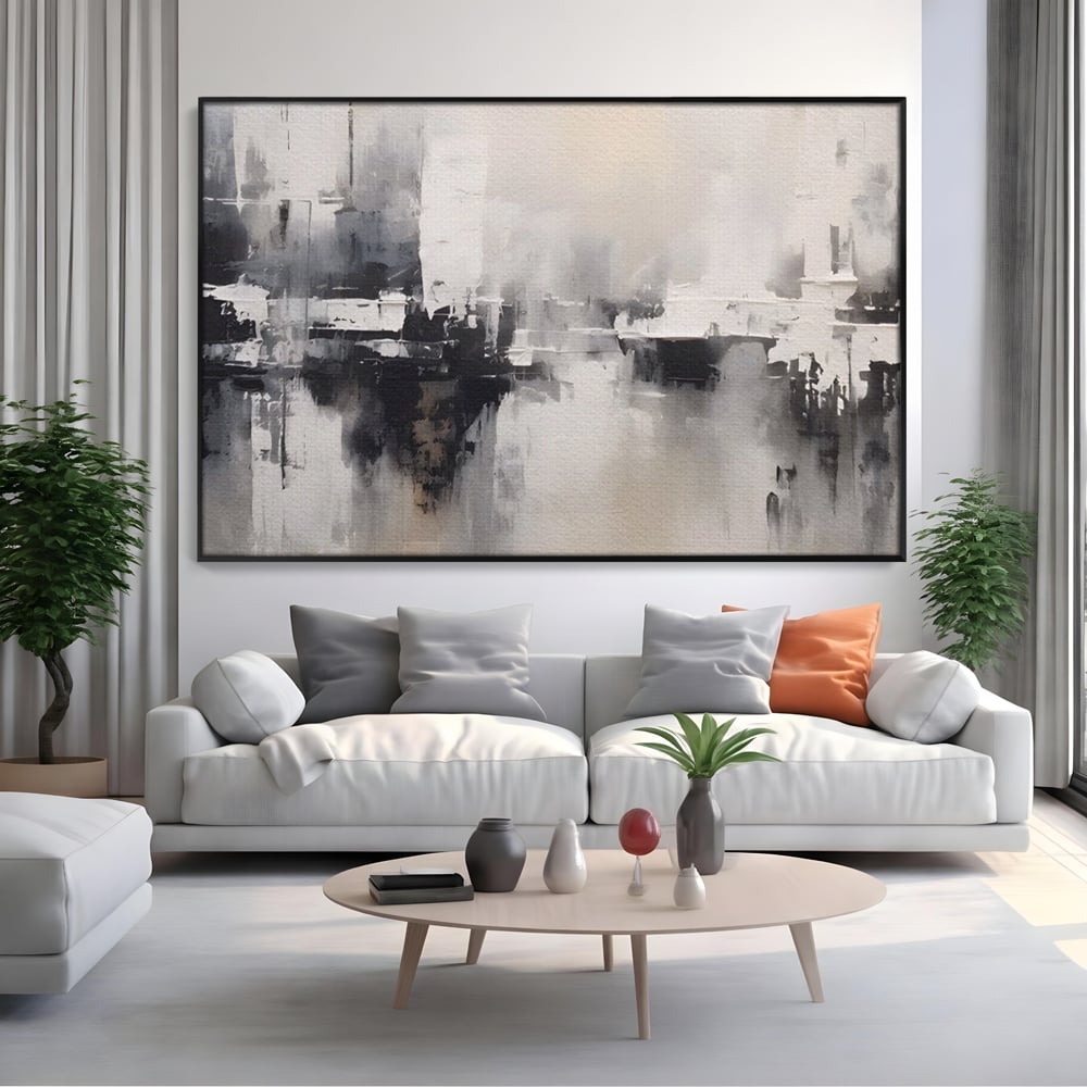Tablou canvas cu tablou canvas cu peisaj urban abstract gri, in rama de aluminiu negru, pe perete intr-un living